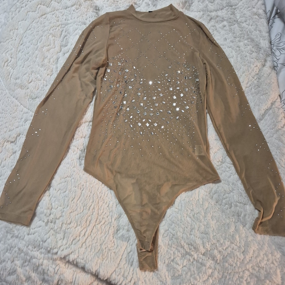 Tan Long Sleeve Sheer Bodysuit with Rhinestones